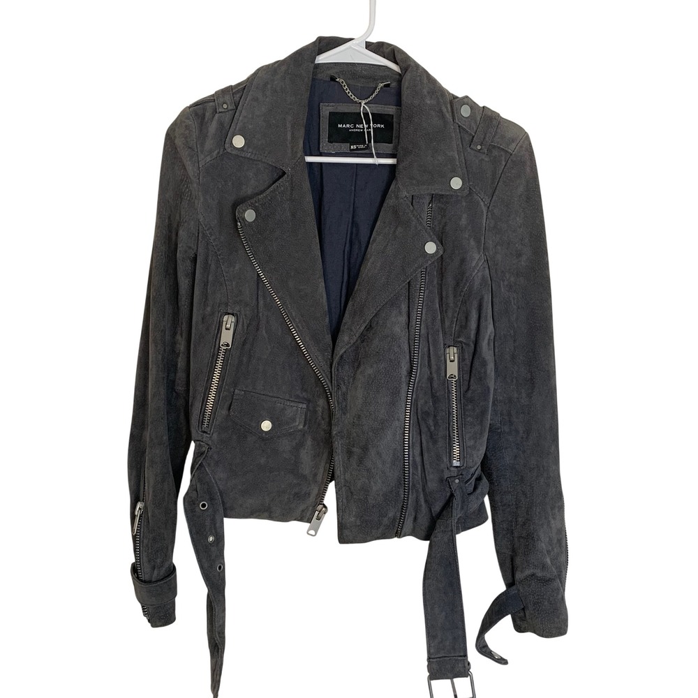 Marc New York Andrew Marc Womens XS Gray Suede Moto Jacket Belted‎ Zip Pockets